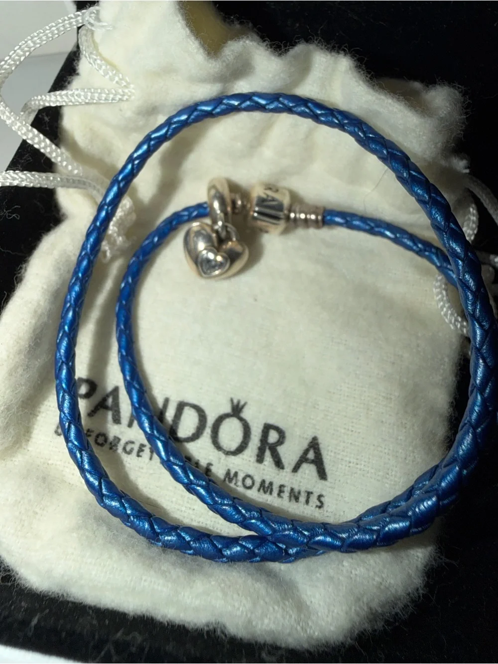 Pandora Blue Braided Leather Bracelet with Red Heart Charm and Silver Accent